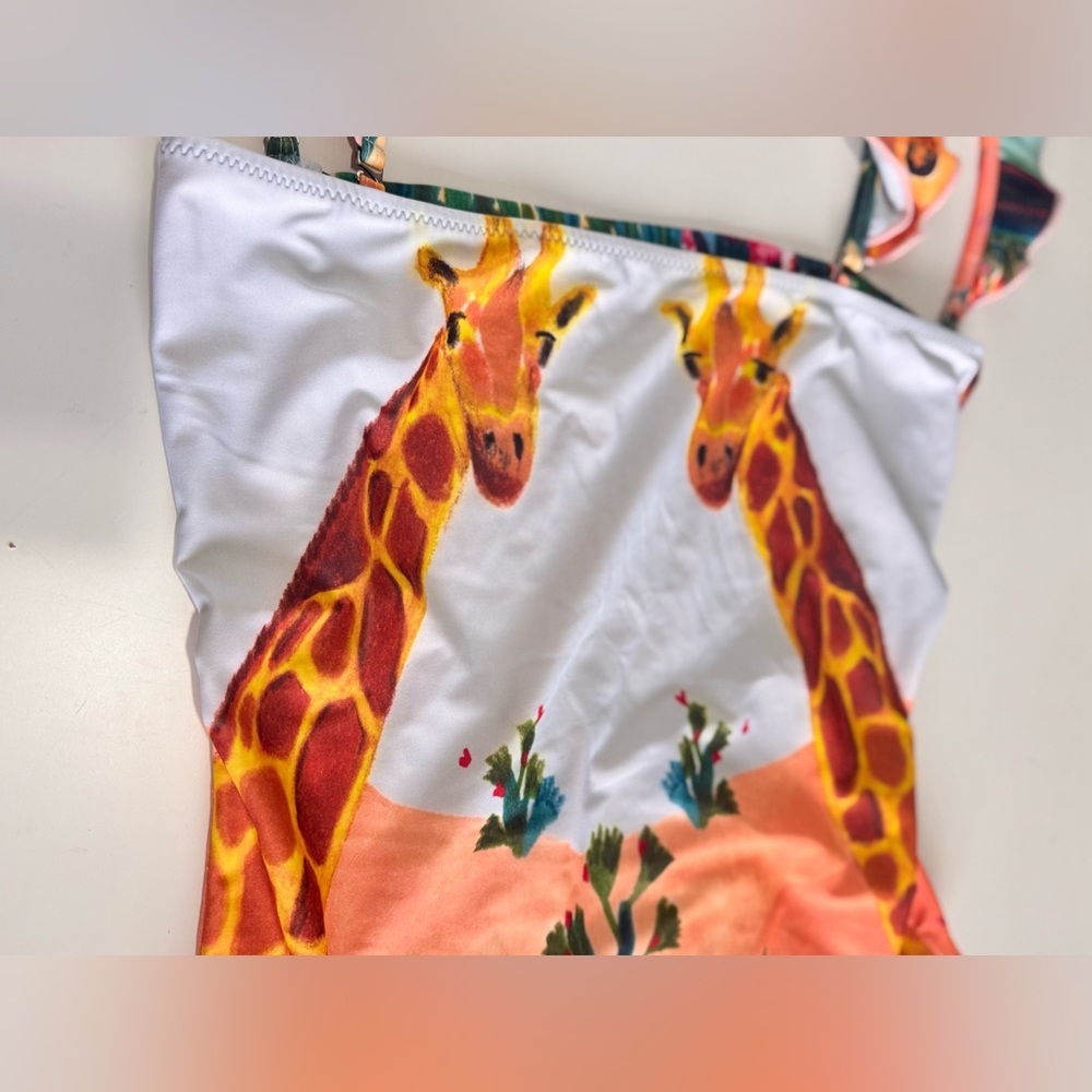 CAROLINA K. Giraffe Print Ruffle Sleeve One Piece Boho Swimsuit - Picture 5 of 16